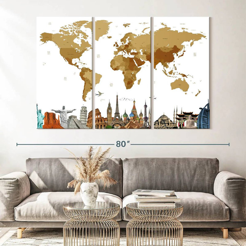Carte du monde en bronze 3 pièces, H 42 po x l 65 po x P 1,25 po