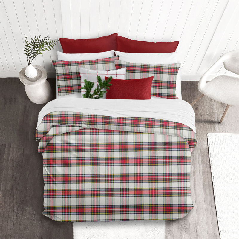 Ensemble d'édredon en coton Royal Plaid, Ivoire / Rouge, Édredon pour très grand lit + 2 taies décorativ