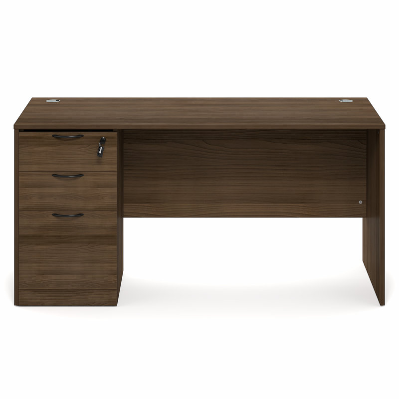 Furinno ROGER 60 Inch Executive Desk with File Cabinet, Home Office Desk with 3-Drawer Fixed Pedestal Filing Cabinet, Desk Cord Grommet, For Home Office, Modern Walnut