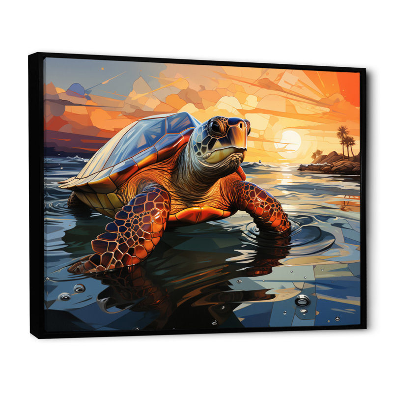 Portrait de tortue géométrique II, H 24 po x l 32 po x P 1 po, Cadre flottant noir