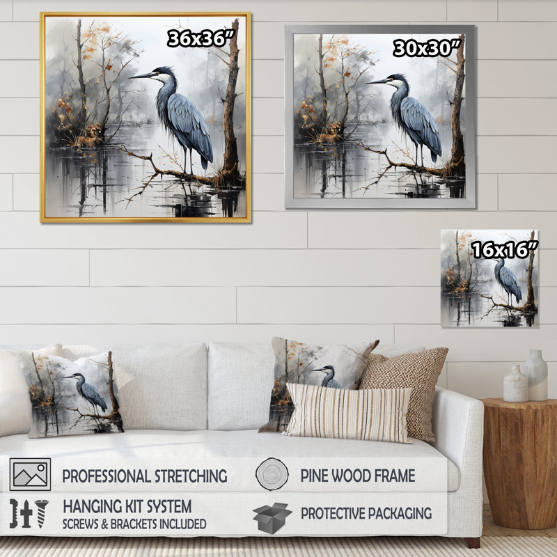 Heron Solitary Reflections Pointillism III - Animals Wall Art Prints, H 30 po x l 30 po x P 1 po