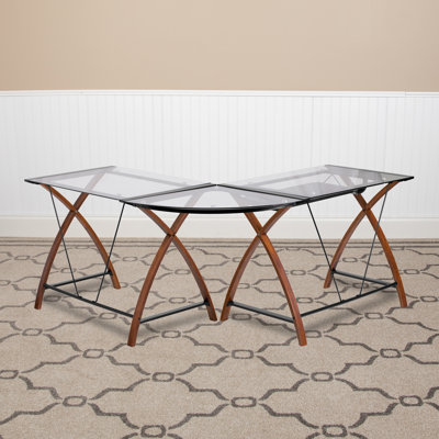 Bureau d'ordinateur en coin en L en verre avec plateau à clavier coulissant Chava