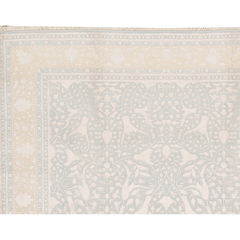 Tapis bleu clair et beige noué à la main de haute qualité