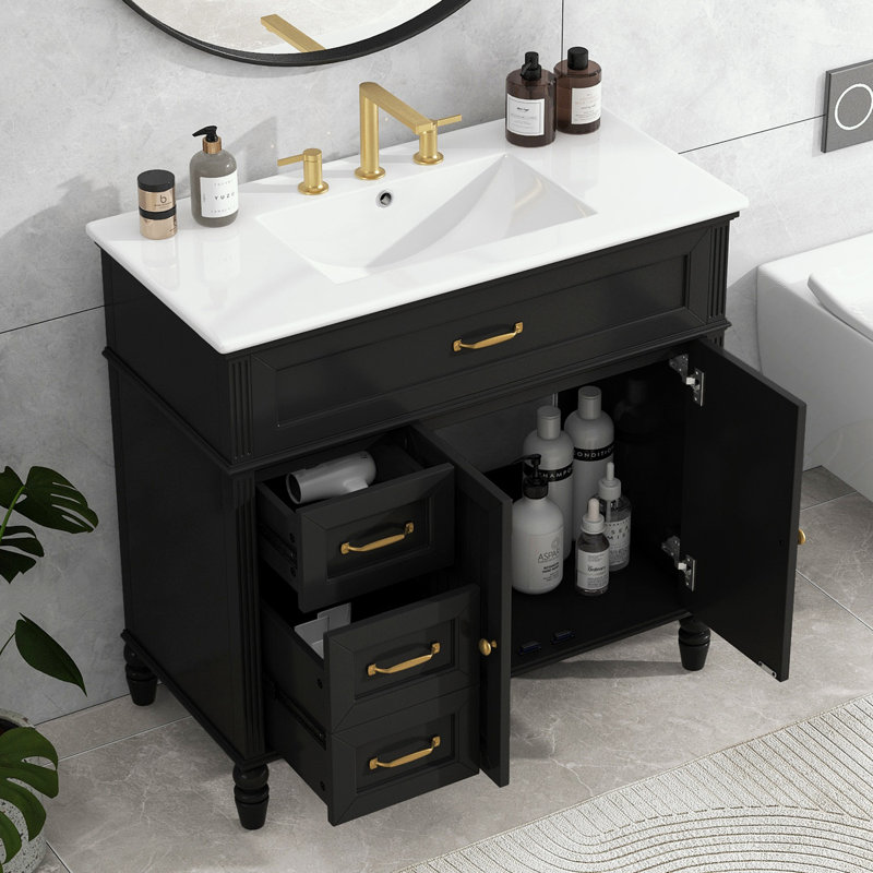 Meuble-lavabo avec lavabo et trois tiroirs, Noir