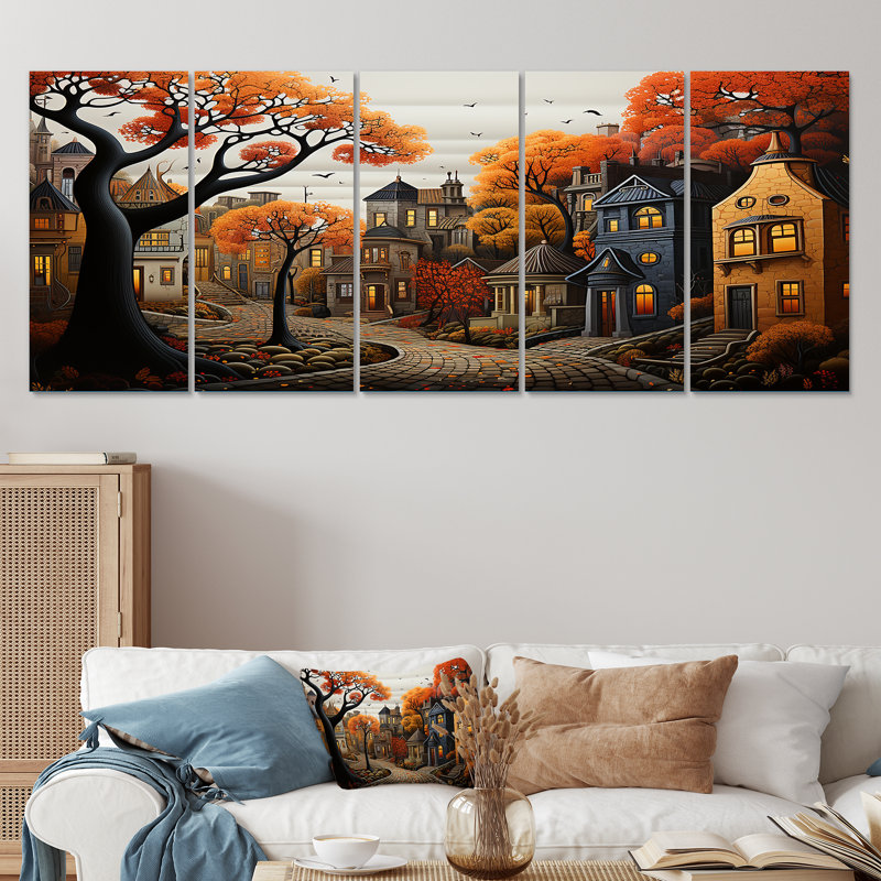 Cozy Village In Autumn Moonlit III - City Art Deco, art mural 5 pièces, H 28 po x l 60 po