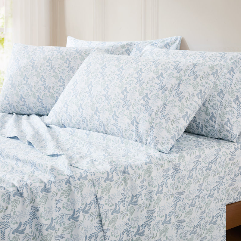 Ensemble de draps botaniques et feuilles bleues, Ensemble de draps pour très grand lit avec 5 piè