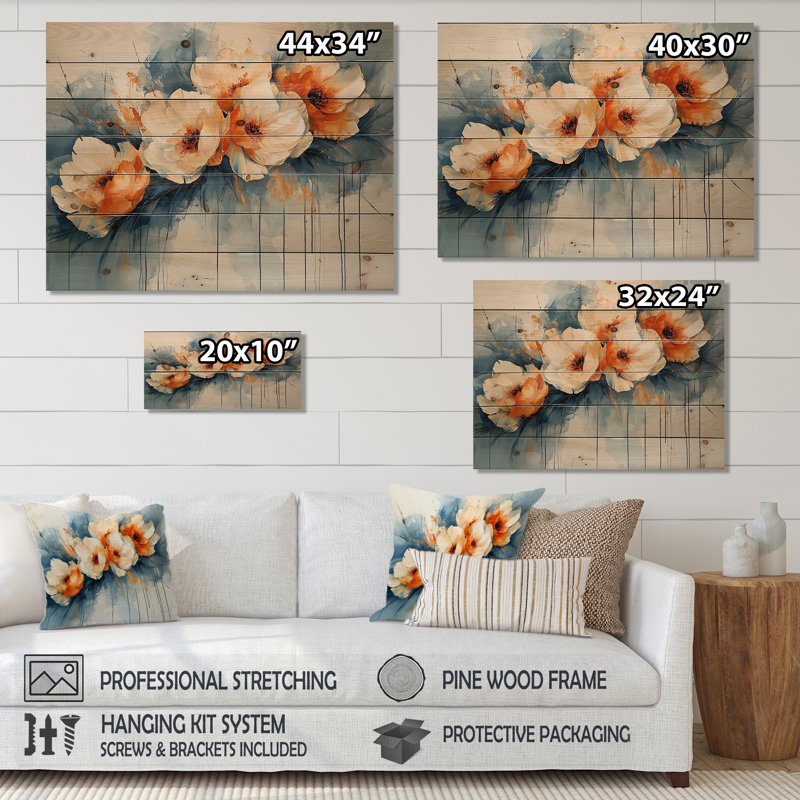 Radiance In Aqua Peonies Flowers - Peonies Wood Wall Decor - On Natural Pine Wood, 34" H x 44" W x 0.78" D