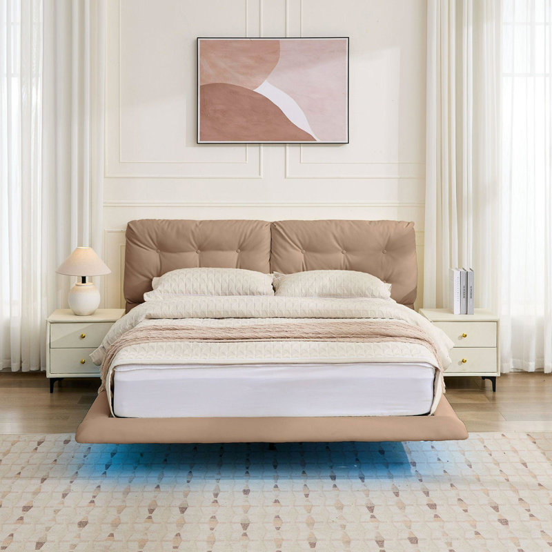 Grand cadre de lit grand avec lumières DEL, lit plateforme flottant en cuir PU kaki, design à boutons, confortable, silencieux et à six couleurs sans sommier, assemblage facile, télécommande