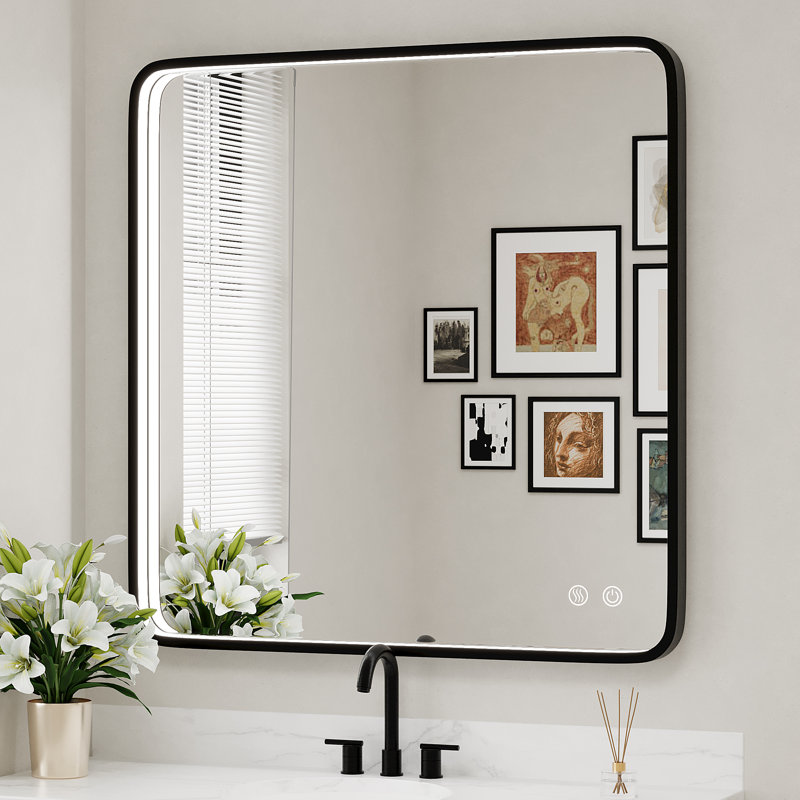 Miroir de salle de bain avec cadre en aluminium et éclairage à DEL, 32 po x 32 po, Noir