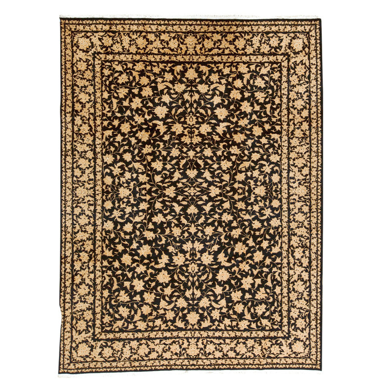 Tapis noir / brun en laine noué à la main de conception unique de conception unique de 8 pi 9 po x 11 pi 9 po