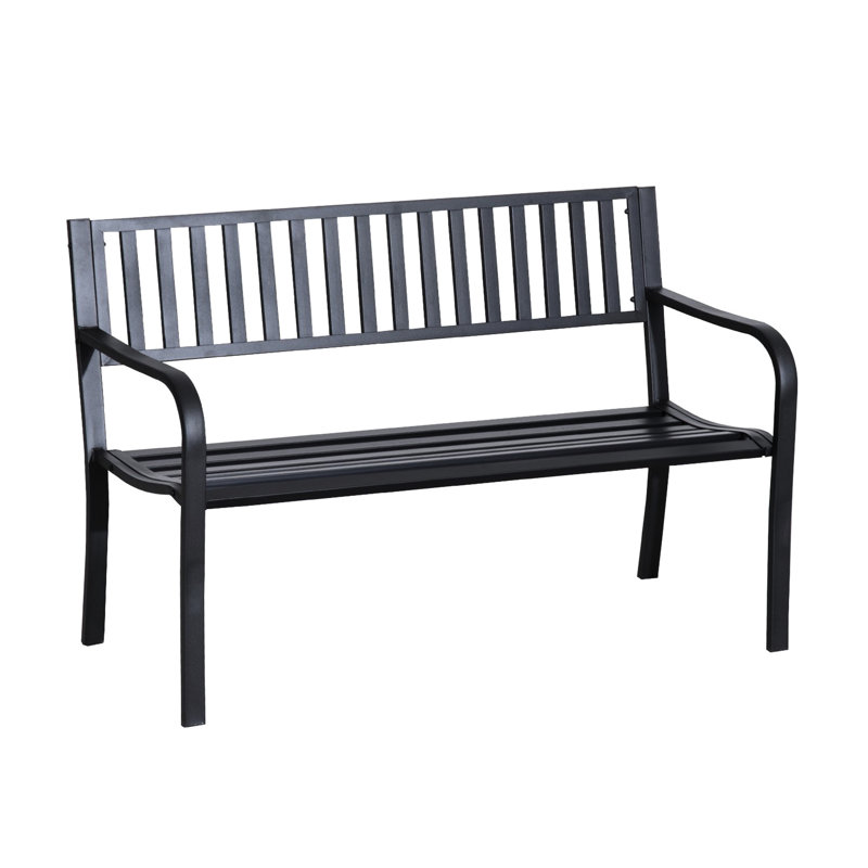 50" Outdoor Garden Seat Bench - Black Metal With Slatted Design. For Backyard, Poolside, Lawn. & . Ergonomic For 2. Easy To Clean. L X 23.5" W 32" H. Max Load 528Lbs. Assembly Required Bench, Garden,