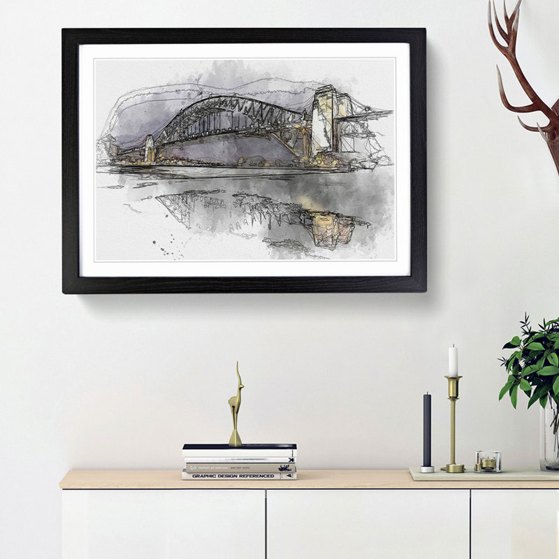 Sydney Harbour Bridge Australia in Abstract - Picture Frame Graphic Art Print, 62cm H x 87cm W x 2cm D, Black Framed