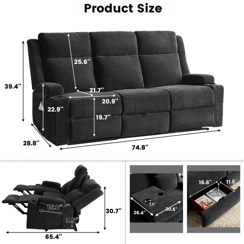 3-seater Reclining Sofa With Cup Holders & Storage Drawer – Soft Chenille Fabric, Black