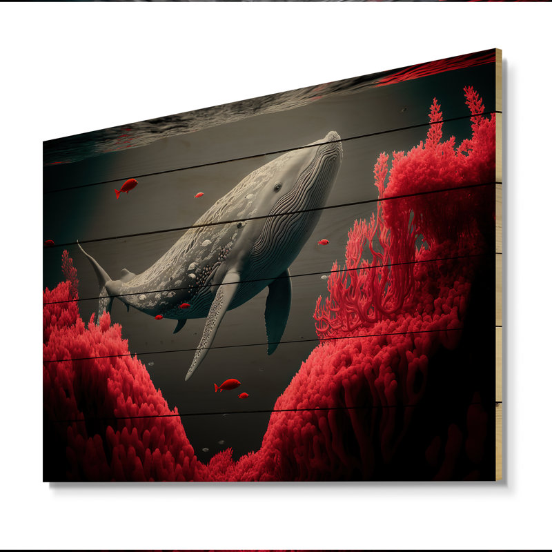 Baleine en rouge et gris - Art mural bois de baleine - Bois de pin naturel, L 20 po x H 12 po