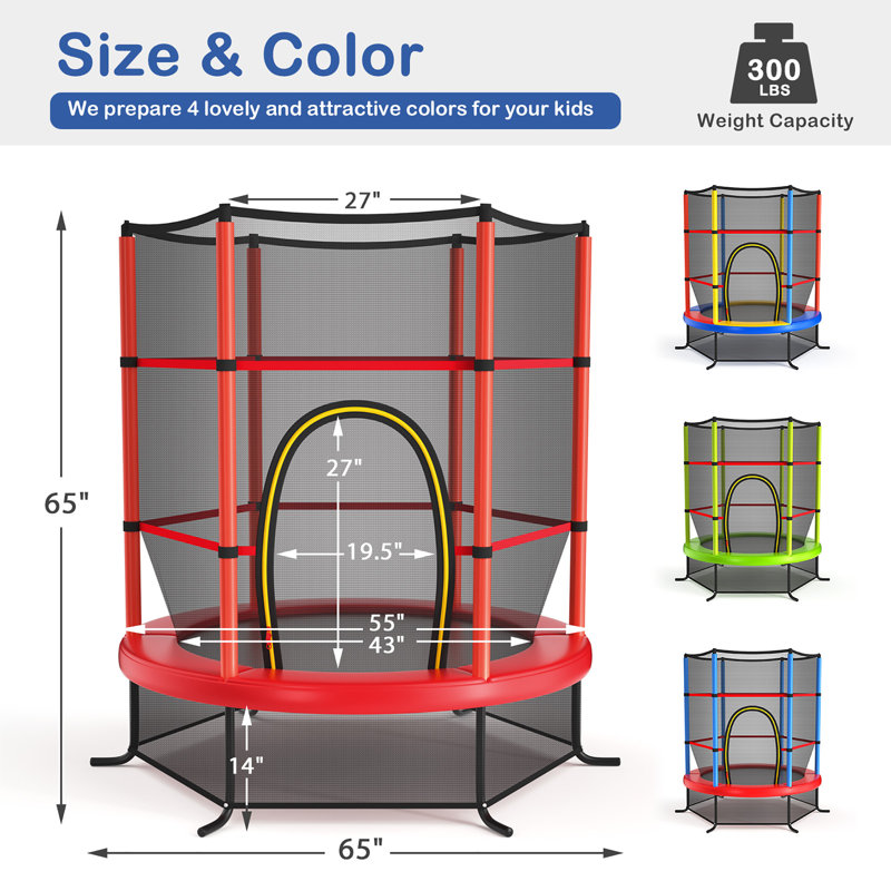 55" Red Round Kids' Trampoline with Safety Enclosure