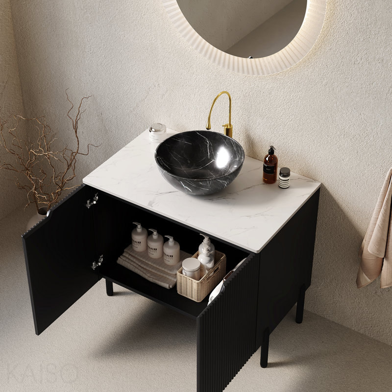 Meuble-lavabo de salle de bain 30 po avec lavabo, meuble de rangement autoportant avec 2 portes, lavabo en céramique avec motif en pierre et comptoir en pierre frittée blanc de Carrare, sans robinet, couleur noire