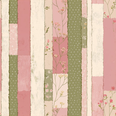 Papier peint rayé rose, vert sauge, décoration murale rétro