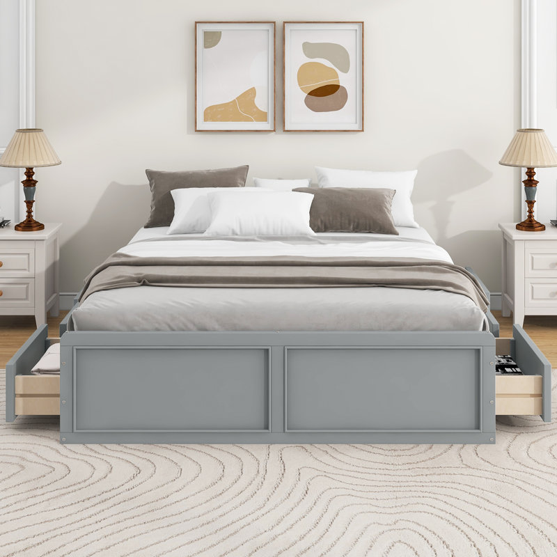  Grand lit plateforme en bois avec 6 tiroirs de rangement, pin massif, gris, Gris