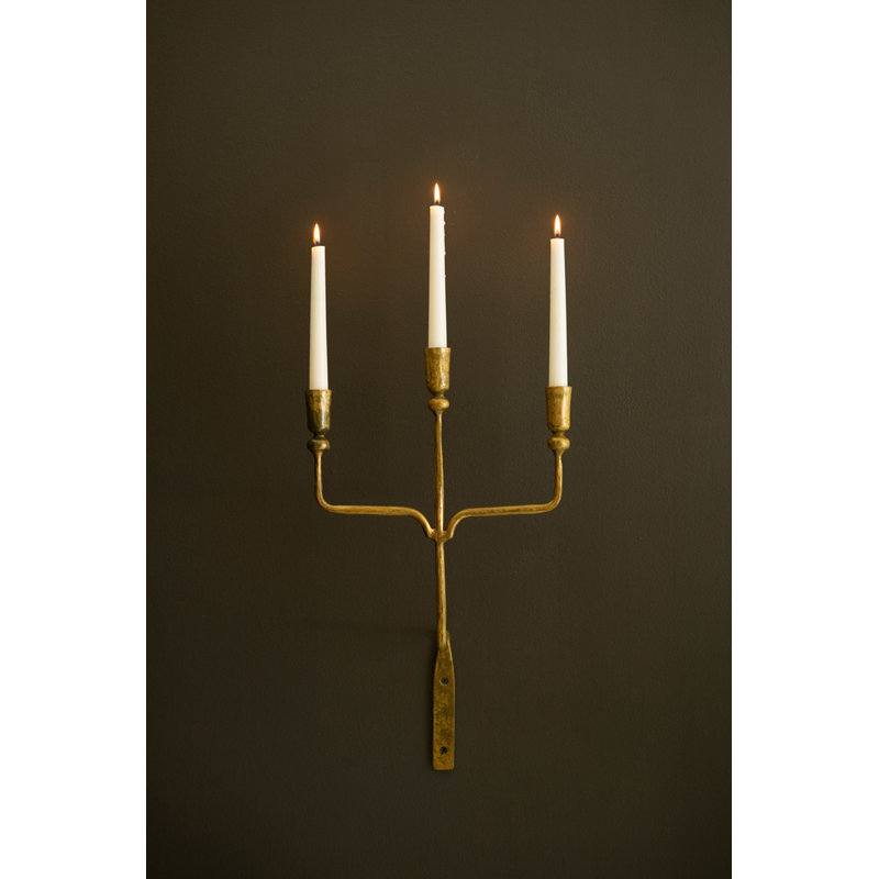 Kalalou Triple Taper Forged-Iron Wall Sconce – 19.5" Tall Antique Brass Candleholder, Set Of 2