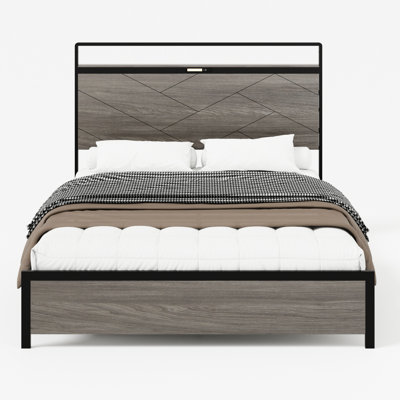 Queen Bed Frame With Led , 2 , Under - Storage Area, Metal Frame, Antique Grey, Artistic And Load Bearing Size, Headboard Storage, Construction, Simple