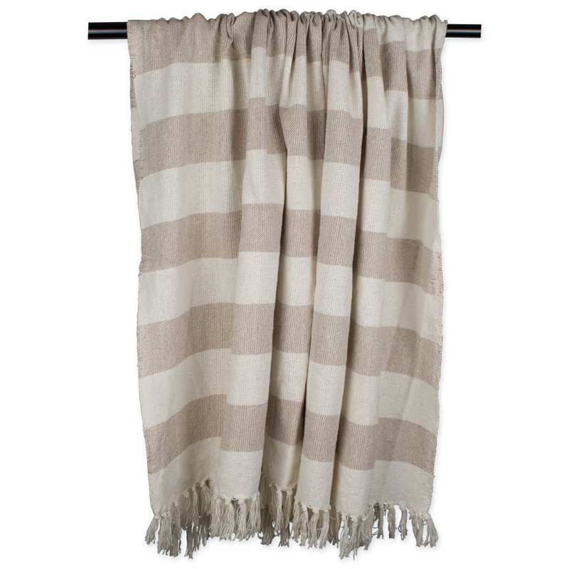 Beige and Off-White Cotton Striped Throw Blanket with Fringe