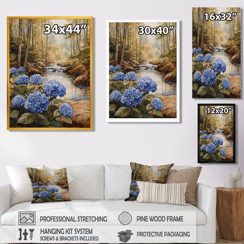 Décoration murale hydrangées de Giavona près de la rivière Forest III - Hortensias, H 44 po x l 34 po, Toile tendue