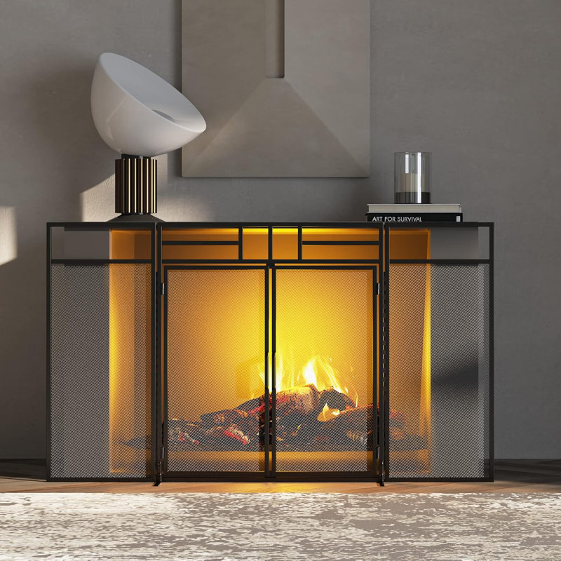 3-Panel Folding Fireplace Screen With Magnetic Hinged Doors, Solid Wrought Iron Panels Fire Spark Guard