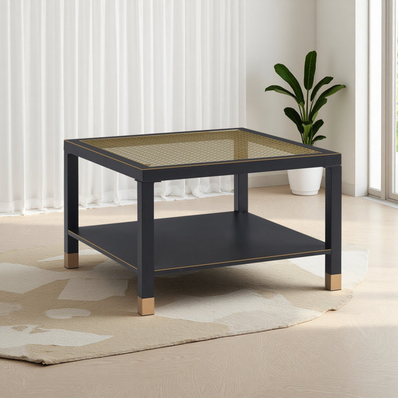 Table basse industrielle carrée - structure en acier noir mat 27,6 po et plateau en verre doré, Noir
