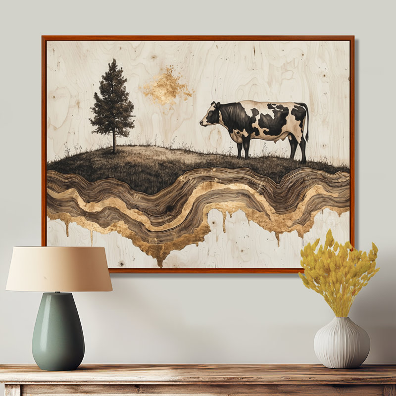 Paysage de ferme d'hiver avec vache dans le champ - ferme, art mural, H 34 po x l 44 po, Floater Framed, Natural