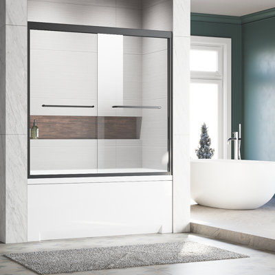 Porte de baignoire coulissante en verre de 56 à 60 po X P 57 po H, porte de baignoire double sans cadre, verre trempé transparent épais certifié, poignées en acier inoxydable 304