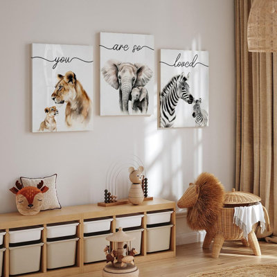 Ensemble de 3 impressions sur toile Safari, chambre de bébé éléphant zèbre, avec maman et bébé