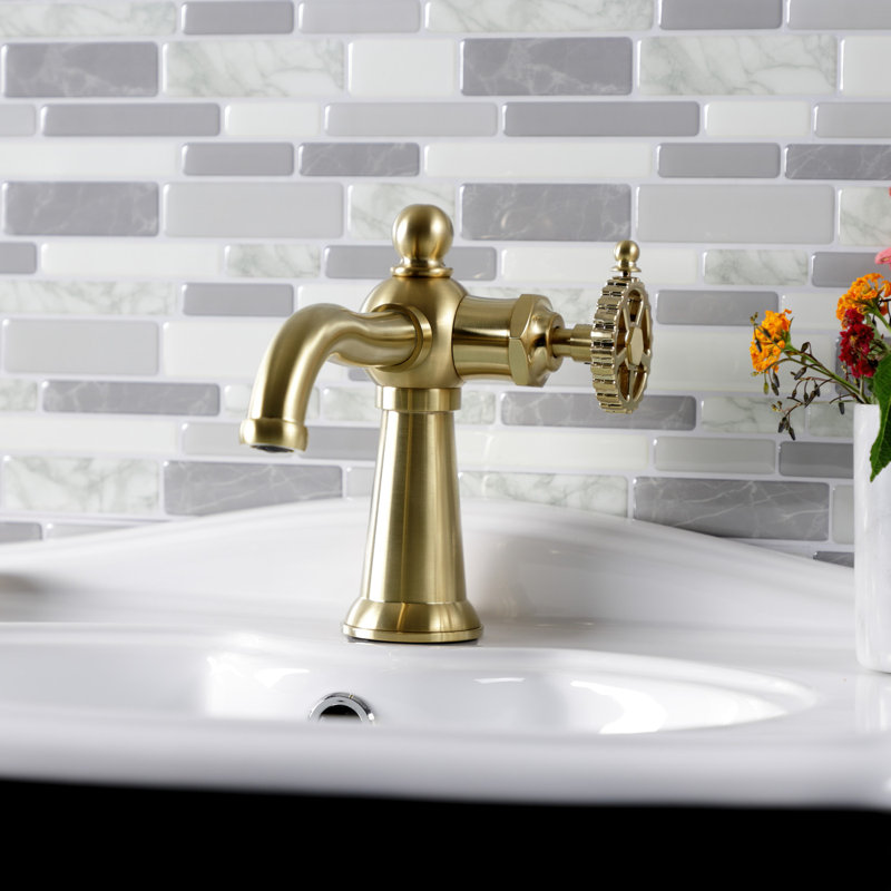 Kingston Brass Fuller Single-Handle 1-Hole Deck Mount Bathroom Faucet with Push Pop-Up, Brushed Brass, Wheel