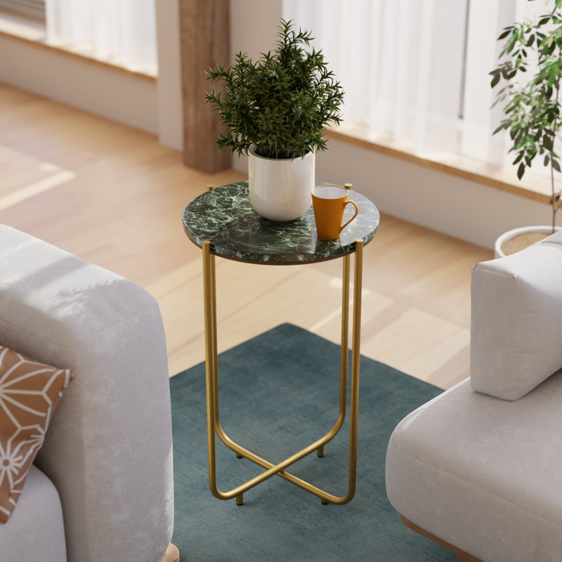 Table de bout ronde en marbre massif de 15,5 po - base en métal doré, petite table d'appoint moderne, table d'appoint