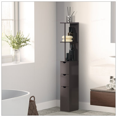 Tall Freestanding Bathroom Storage Cabinet with 2-Tier Shelves and Drawers, Narrow Brown Organizer for Small Spaces