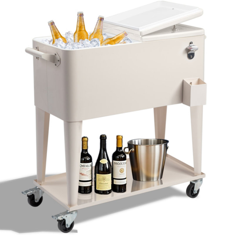 Chariot à glaçons extérieur crème 3-en-1 avec ouvre-bouteille et tablette de rangement, Blanc
