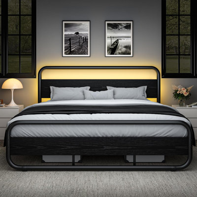 Metal  Bed Frame with LED Headboard and Footboard, Rustic Industrial Heavy Duty Wooden Platform Bed Frame with Under Bed Storage, Noise Free, No Box Spring Needed