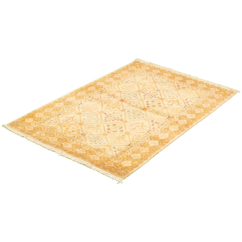 Tapis décoratif beige en laine noué à la main de conception unique 4 pi x 5 pi 10 po noué à la main New Age