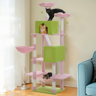 Cat Tree, 71-Inch Large Cat Tower With 8 Scratching Posts, 2 Perches, 2 Caves, Basket, Hammock, Pompoms, Multi-Level Plush Cat Condo For Indoor Cats