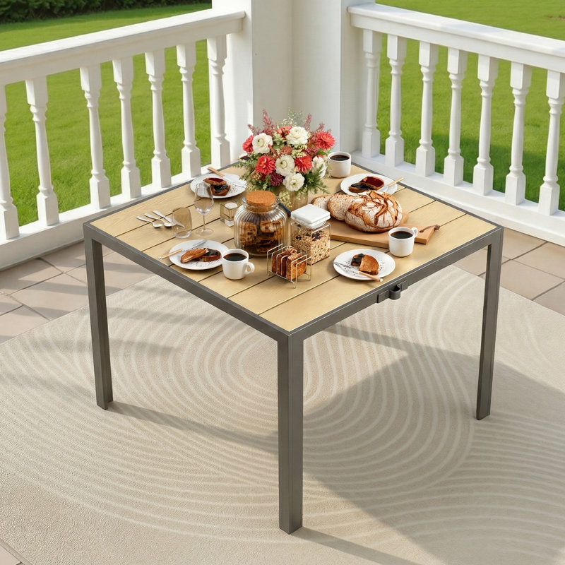Modern Square Patio Table, Wood Grain Top Outdoor Dining Table with Heavy-Duty Metal Frame, Seats 4, Weather-Resistant Outside Table for Backyard, Deck & Patio