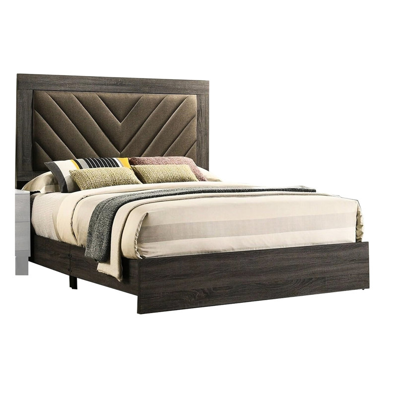 Lit moderne très grand avec tête de lit tapissier en tissu brun et bois d'hévéa contemporain en bois gris