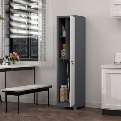 Metal Broom Storage Cabinet, 65" Narrow Broom Cabinet With Hooks, Slim Bathroom Storage Cabinet With Shelves, Heavy-Duty Cleaning Storage Cabinet For Utility Room, Gym, Office, Garage, Utility Shelves