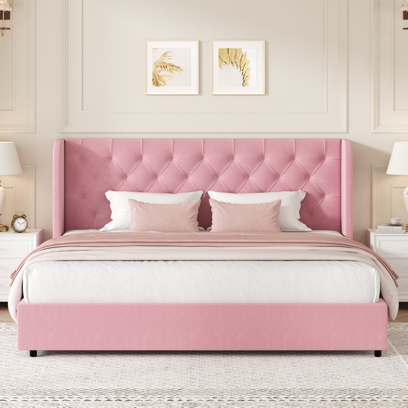 Lit plateforme tapissier Kewania Bedback, Très grand lit, Rose