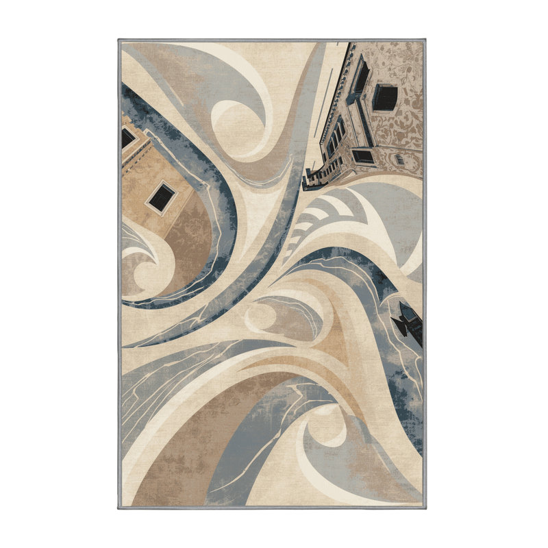 Machine Washable Paret Venice Canals Coastal Arc Rug in Gray – Gray Binding, 3x5