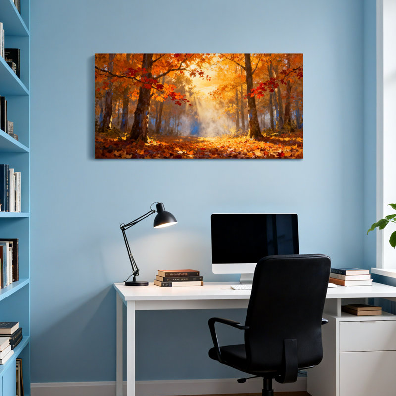 Plantes et fleurs, forêt d'automne, lumière du soleil, feuilles, arbres, couleurs chaudes, scène naturelle, H 28 po x l 58 po