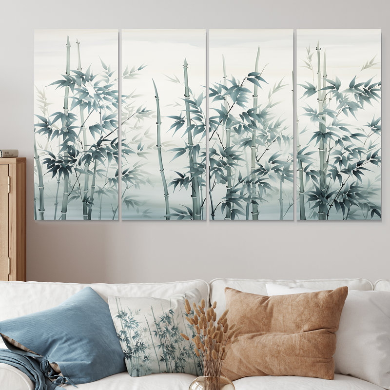 «Grey and Green Bamboo Tranquility I», art mural chinois 4 pièces pour le salon, H 28 po x l 48 po