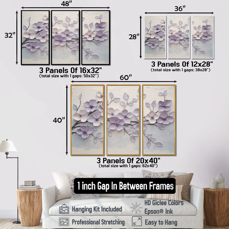 «Mauve mauve lilas Melody I», ensemble d'art mural lilas, H 40 po x l 60 po x P 1 po, Toile avec cadre flottant noir