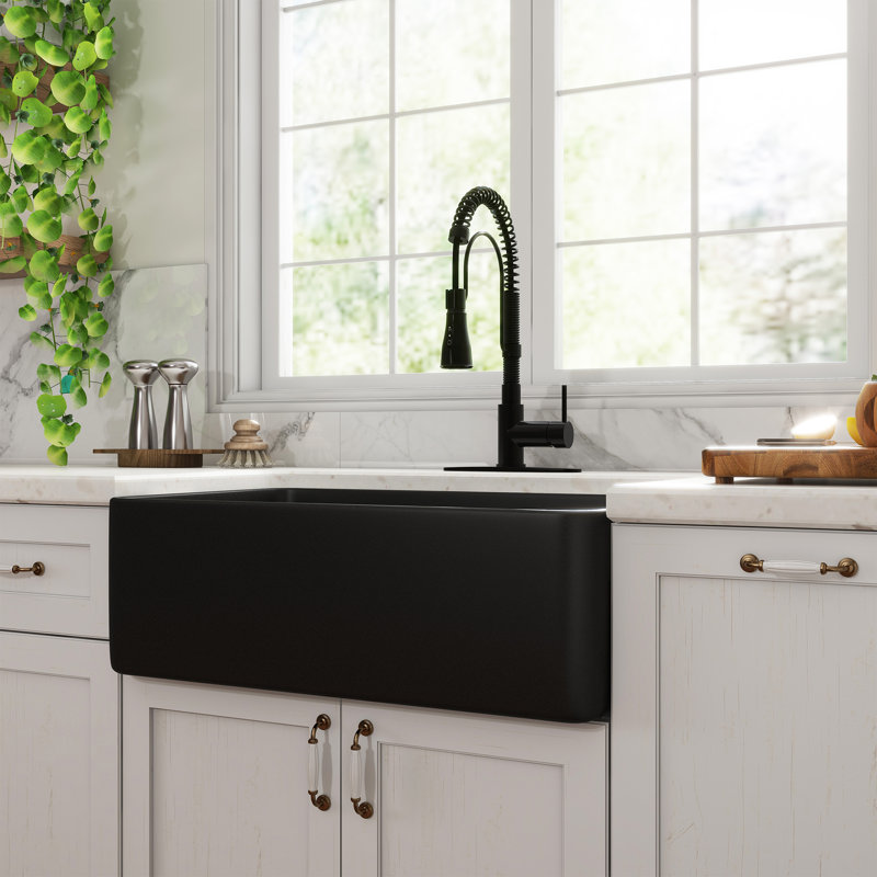 CASAINC Single Bowl Black Fireclay Farmhouse Kitchen Sink With Faucet Included, Matte Black