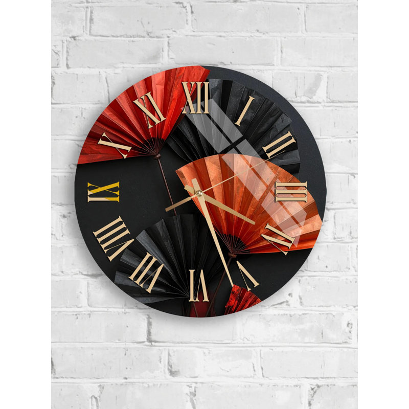 Horloge murale asiatique en verre trempé, rouge, noir, or, Or romain, 14 pouces