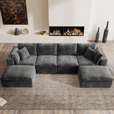 137" U-shaped Sectional Couch, Compression Sofa, Grey Chenille