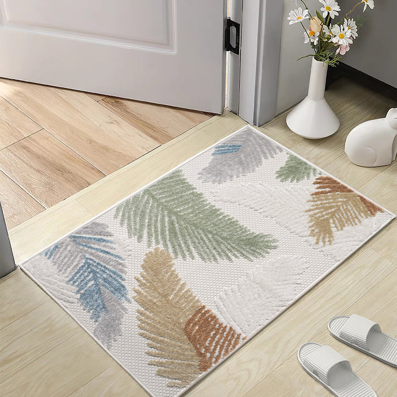 Tapis à poils longs et courts à motif floral d'intérieur / extérieur non délavé crème / vert / bleu / brun clair pour patio, terrasse, porche ou entrée